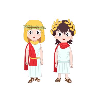 Antik Roma çizgi film karakterleri erkek ve kız geleneksel kıyafetlerini giyiyor. Vektör çizim.