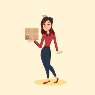 Karton koli kutu ile teslim kız. Hızlı teslimat hizmeti kurye tarafından. Vektör kadın karikatür karakter çizim. Teslimat kavramı.