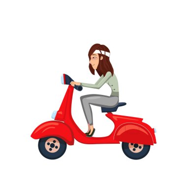 Hızlı teslimat Asya yemek servisi kurye. Kız sürme scooter. Teslimat kavramı. Vektör çizgi film kadın karakter çizim geleneksel kostüm.