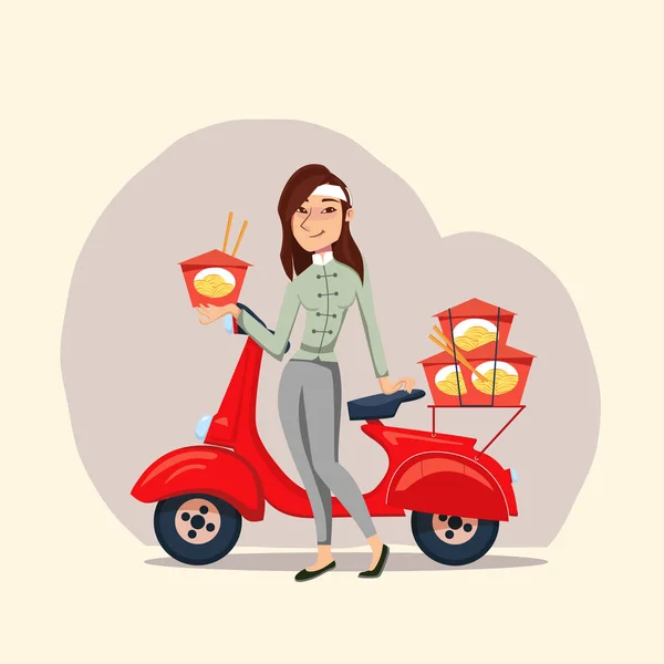 宅配便の女の子とスクーターで高速配信アジア料理麺サービスベクトル漫画の女性キャラのイラスト 配信の概念 — ストックベクタ