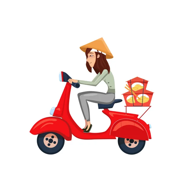 高速配信アジア食品サービス宅配便で 麺箱付け女の子乗ってスクーター 配信のコンセプトです 伝統的な衣装と帽子でベクトル女性漫画キャラ イラスト — ストックベクタ