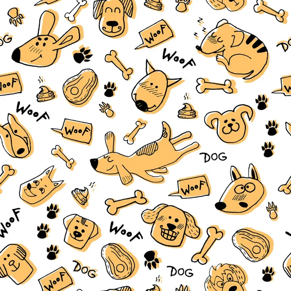 Hand doodle with funny dogs, paw prints and bones. Vector seamless pattern wallpaper, background. Cute surface design for fabric, textile design, wrapping paper.