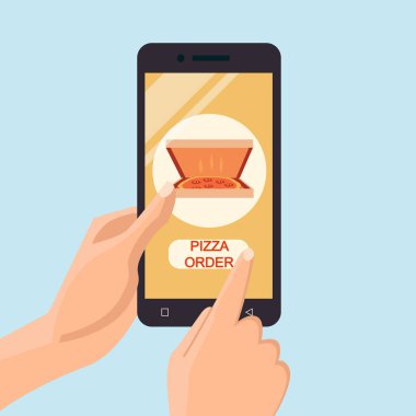 Gıda teslim Servisi. Mobil uygulama. Smartphone satın almak online Internet pizza sipariş ile tutan el. Fast food arka plan. Düz vektör çizim