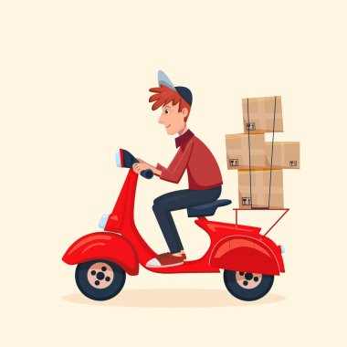 Hızlı teslimat hizmeti scooter kurye ve karton kutuları tarafından. Vektör çizgi film erkek karakter çizim. Teslimat kavramı.
