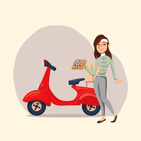 宅配便の女の子とスクーターで高速配信寿司サービス ベクトル漫画の女性キャラクターのイラスト 配信の概念 — ストックベクタ
