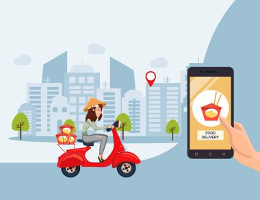Hızlı teslimat hizmeti tarafından scooter kurye ile. Mobil uygulama. Smartphone satın almak online Internet Asya yemek sipariş ile tutan el. Düz çizgi film vektör çizim.