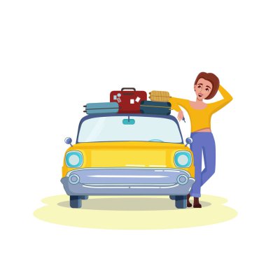 Güzel mutlu kız tatil gezi için retro arabayla gidiyor ve tuşu tutmakta. Bavul üstte. Araba sürme, gezi, seyahat kavramı. Vektör çizim.