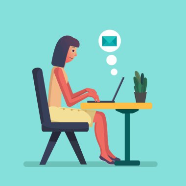 Dizüstü bilgisayar üzerinde çalışan bir genç kız. Düz çizgi film karakteri vektör çizim, serbest meslek çalışma alanı, çalışma masası