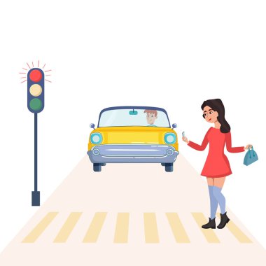 Kız telefon görmek ve yolun karşısına. Trafik ışıkları kırmızı ışık var. Arabalar sokakta vardır. Vektör çizim.