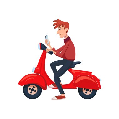 Genç bir scooter üzerinde oturan adam ve telefon görmek. İzole karikatür vektör çizim.