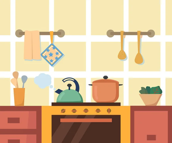 Cocina Interior Con Armario Estufa Horno Tetera Utensilios Ilustración Vector — Vector de stock