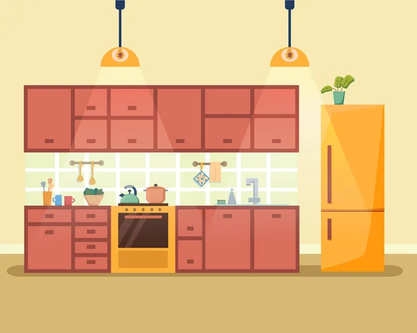 Keuken Interieur Met Meubels Houtkachel Kast Koelkast Keukengerei Platte Cartoon — Stockvector