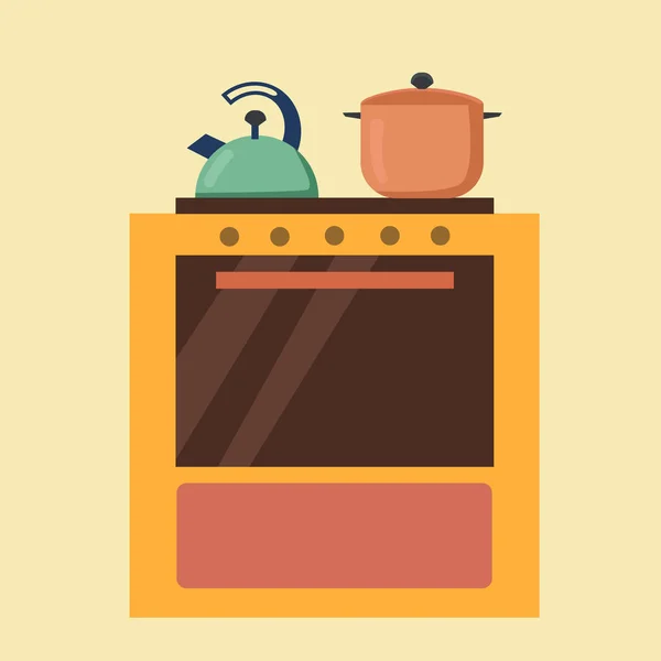 Kitchen Stove Oven Teapot Pot Flat Cartoon Style Vector Illustration — Stock Vector