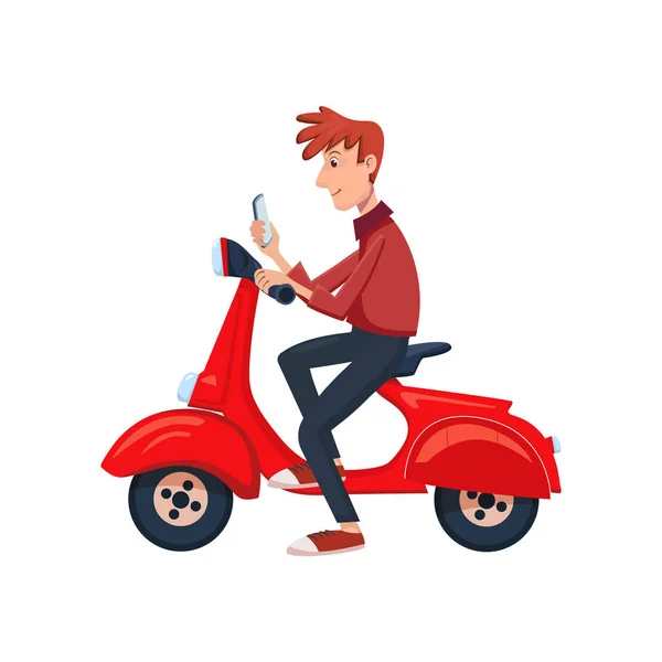 若い男はスクーターに座って電話を参照してください 孤立した漫画のベクトル図 — ストックベクタ