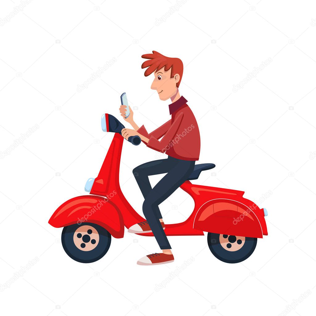 Young man sitting on a scooter and see the phone. Isolated cartoon vector illustration.