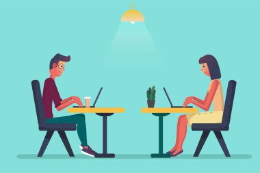 Office çalışma karikatür karakter kişi. Serbest çalışan işçiler, ortaklar, Ofis masaları ile dizüstü bilgisayar üzerinde çalışıyor. Ekip çalışması kavramı. Vektör çizim?