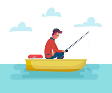 Göl ya da deniz, teknede balık oltası tutan Fisher adam sezon Balık tutma. Vektör çizgi film erkek çizim.