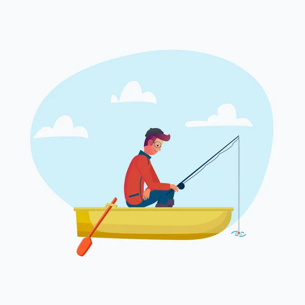 Hombre Pescador Sosteniendo Caña Pescar Barco Pesca Temporada Personaje Dibujos — Vector de stock