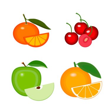 Meyve vektör koleksiyonları. Dizi tam ve yarım meyve elma, portakal, vişne ve mandalina var. Beyaz arka plan üzerinde izole vektör çizim