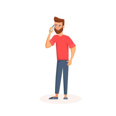 Yüz gülümseyen bir telefonda konuşan genç adam. Çizgi film karakteri Smartphone kullanarak. Beyaz arka plan üzerinde izole