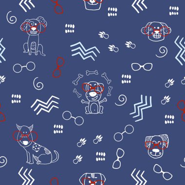 El doodle köpekler, gözlük ve soyut öğeler ile seamless modeli. Vektör Tekstil, ambalaj baskı kumaş, arka plan. Şirin yüzey tasarımı, vektör çizim