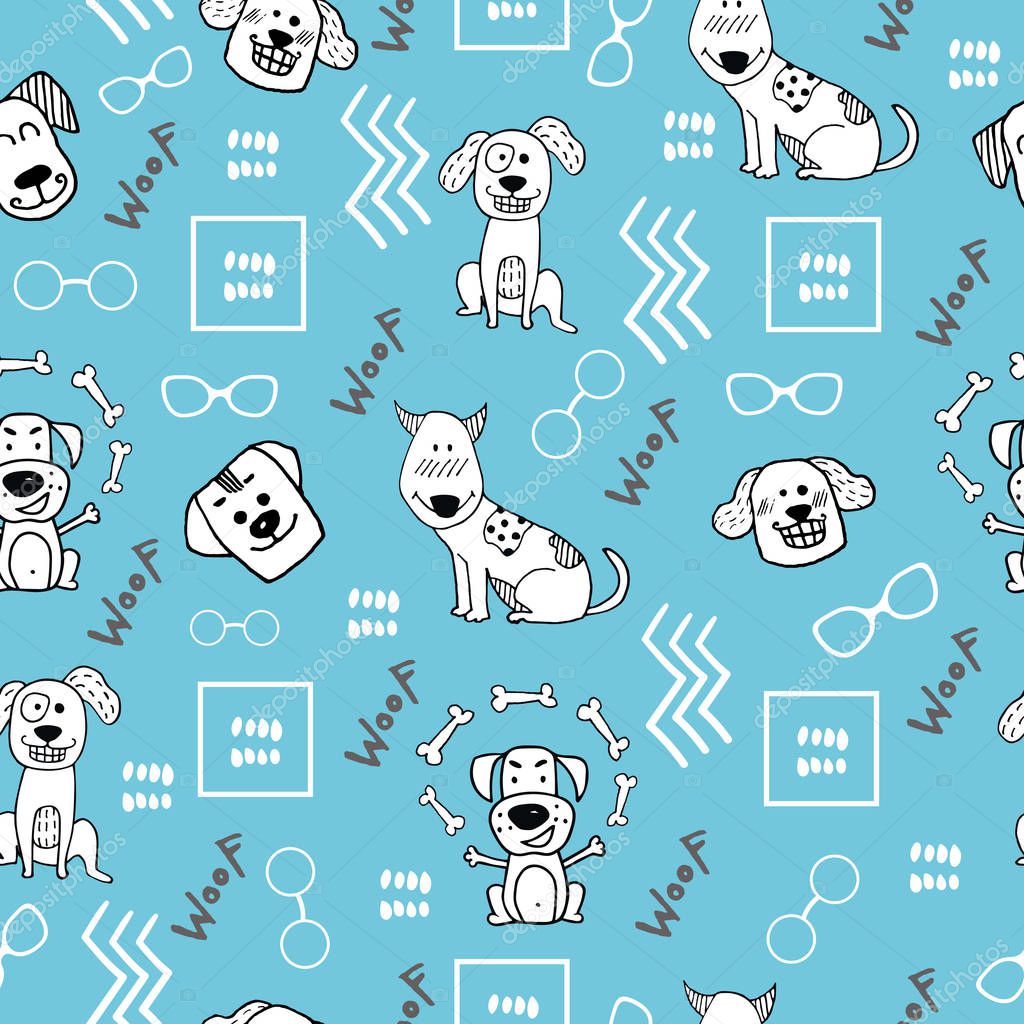 Hand doodle seamless pattern with funny dogs and abstract elements. Vector textile, wrapping, wallpaper, background. Vector illustration