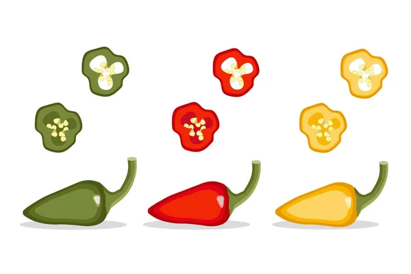 Pepper pod vektorillustration Set. Vegetabiliska isolerade objekt full och skivor röd, grön, gul paprika. — Stock vektor