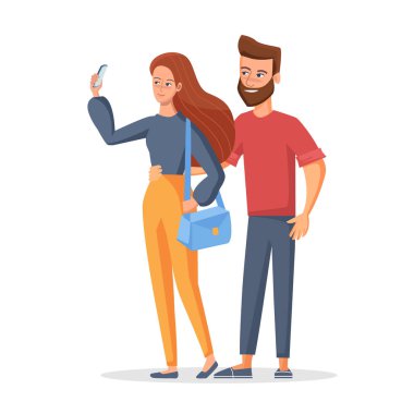 Aşık çift selfie fotoğraf ile smartphone olun. Kendi kendine portre elinde mobil cihazla. Çizgi film erkek ve kadın karakter tasarımı düz. Vektör çizim