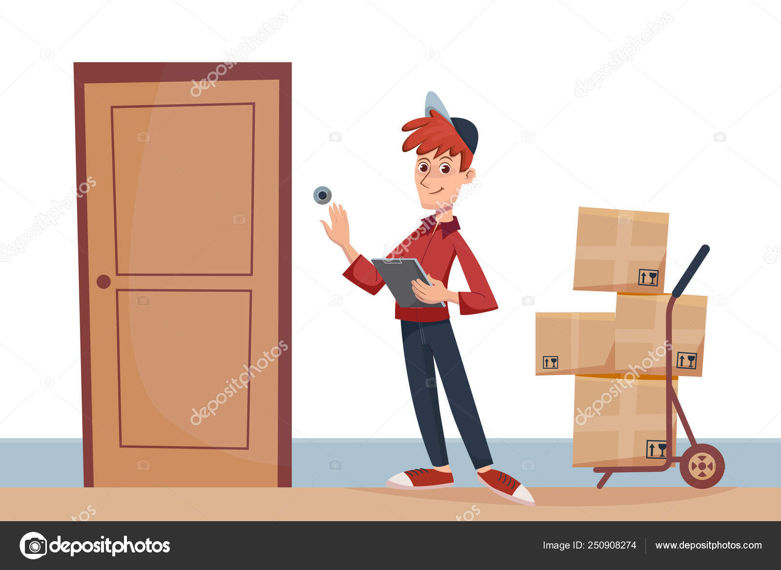 门口拿着包裹的送货员按响了门铃。快速送货服务的门由快递的概念。动画片平的字符向量例证图库矢量图©AmadeaN 250908274