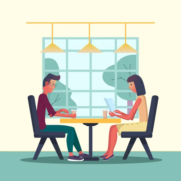Joven hombre y mujer se encuentra en un café y bebe café. Ilustración vectorial con el interior de una cafetería, restaraunt. Dibujos animados estilo plano — Vector de stock