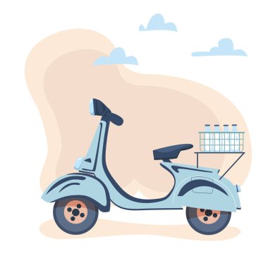 Hızlı süt teslim hizmet anlayışı scooter üzerinde. Bagaj taşıyıcıları süt sandık ile mavi Scooter. Vektör çizim