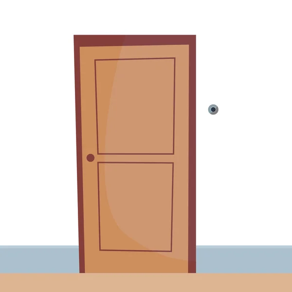 Закрытая дверь с дверным звонком. Передняя сторона. Мультфильм с плоским вектором — стоковый вектор