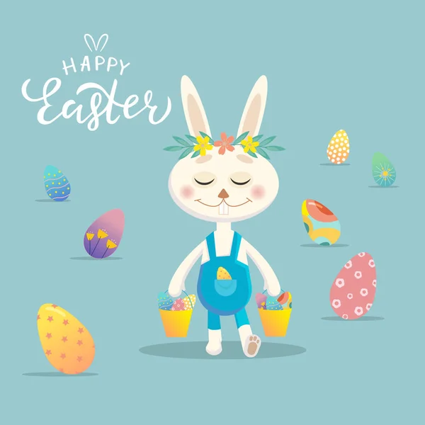 Happy Easter greeting card. Easter Bunny with colorful eggs. Vector Design for holiday invitation, banner, card, poster, flyer, logotype