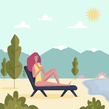 Genç kadın şezlong üzerinde kokteyl ile yalan. Sunlounger üzerinde zevk kız. Vektör çizim yaz tatil beach resort doğum