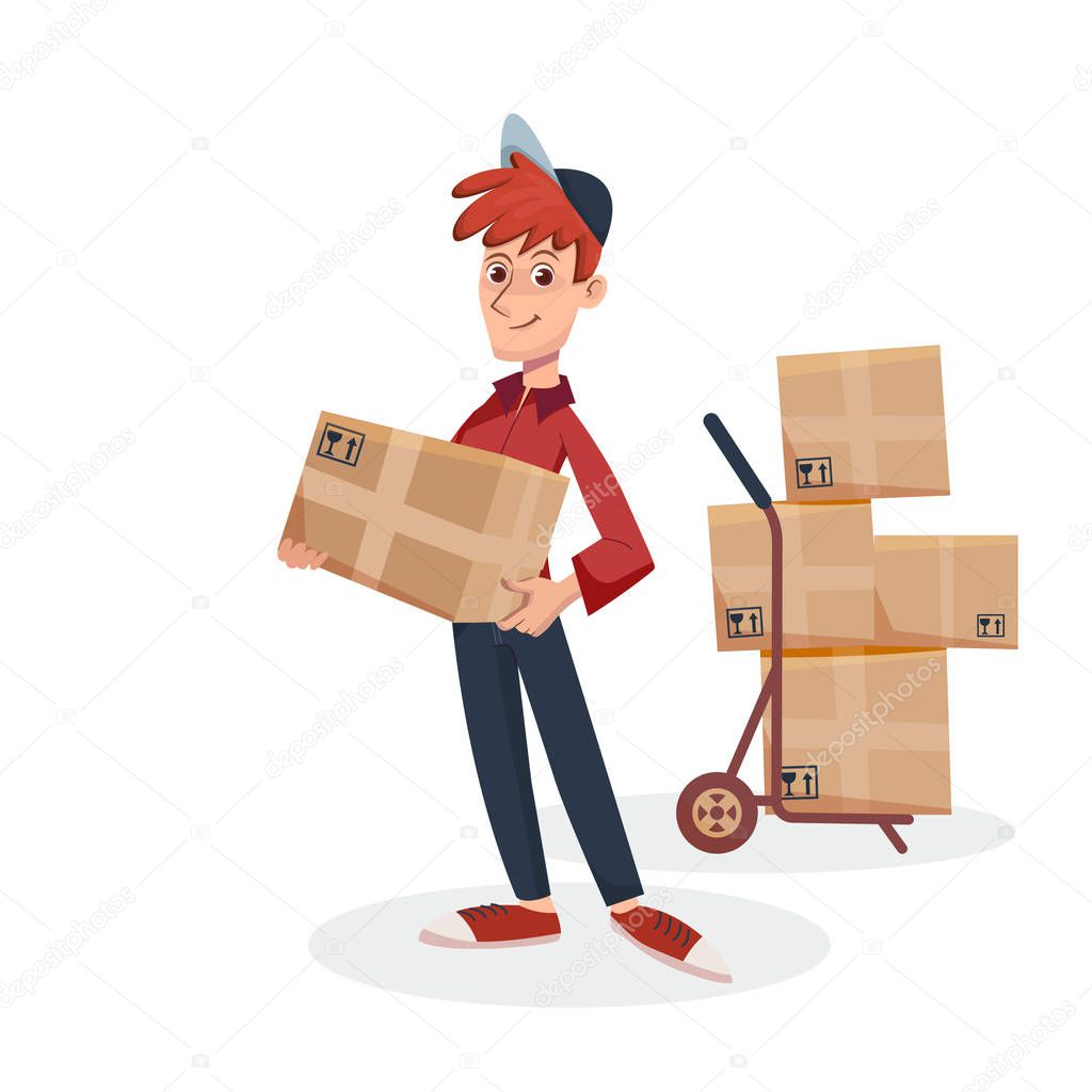 Delivery man holding cardboard parcel box with delivery hand cart with boxes on background. Fast Delivery service by courier. Vector cartoon character illustration