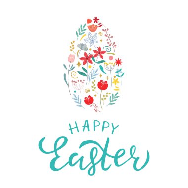 Mutlu Paskalya alıntı yazı. Tipografi vektör tasarım tatili daveti, afiş, tebrik kartı, poster, afiş, logo için. Çiçekler arka plan üzerinde yumurta