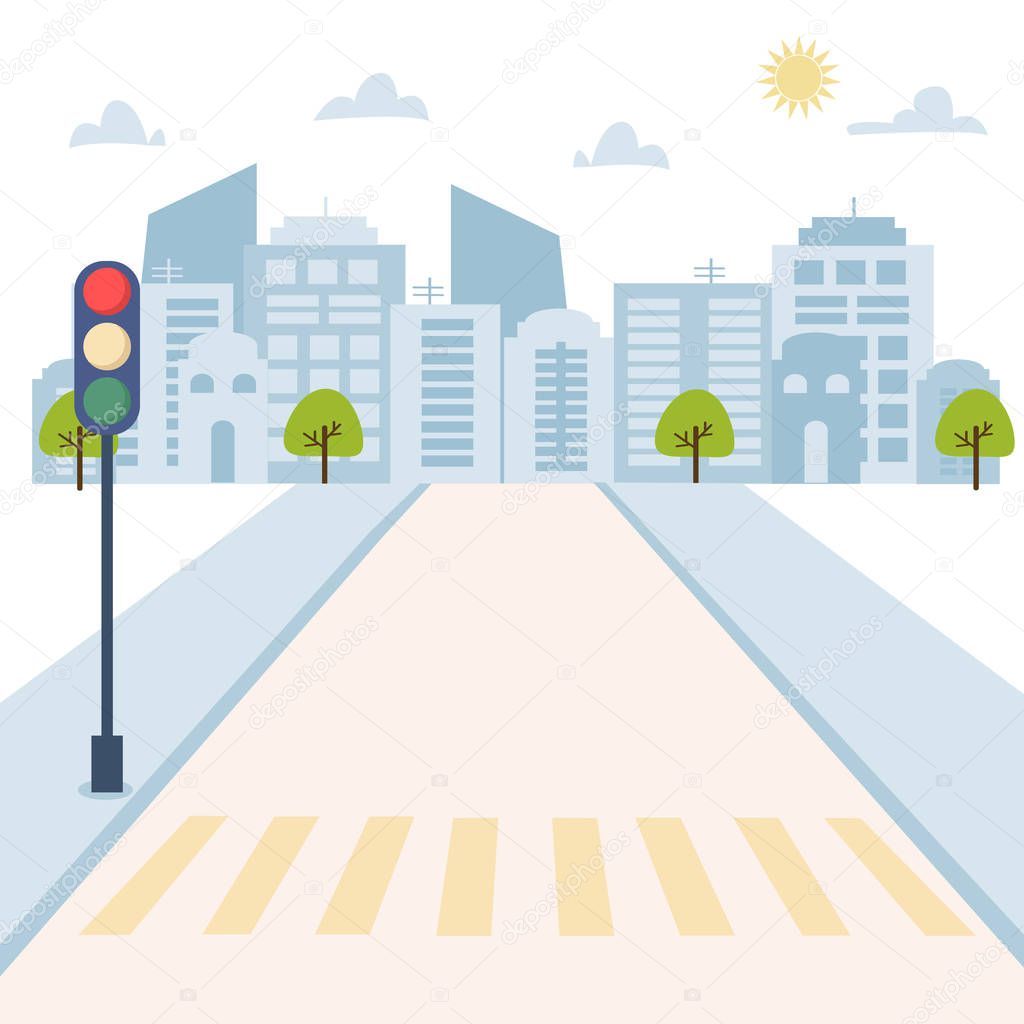 Cityscape with traffic light on the road, houses, skyscrapers. Vector illustration of urban background for poster, card, brochure