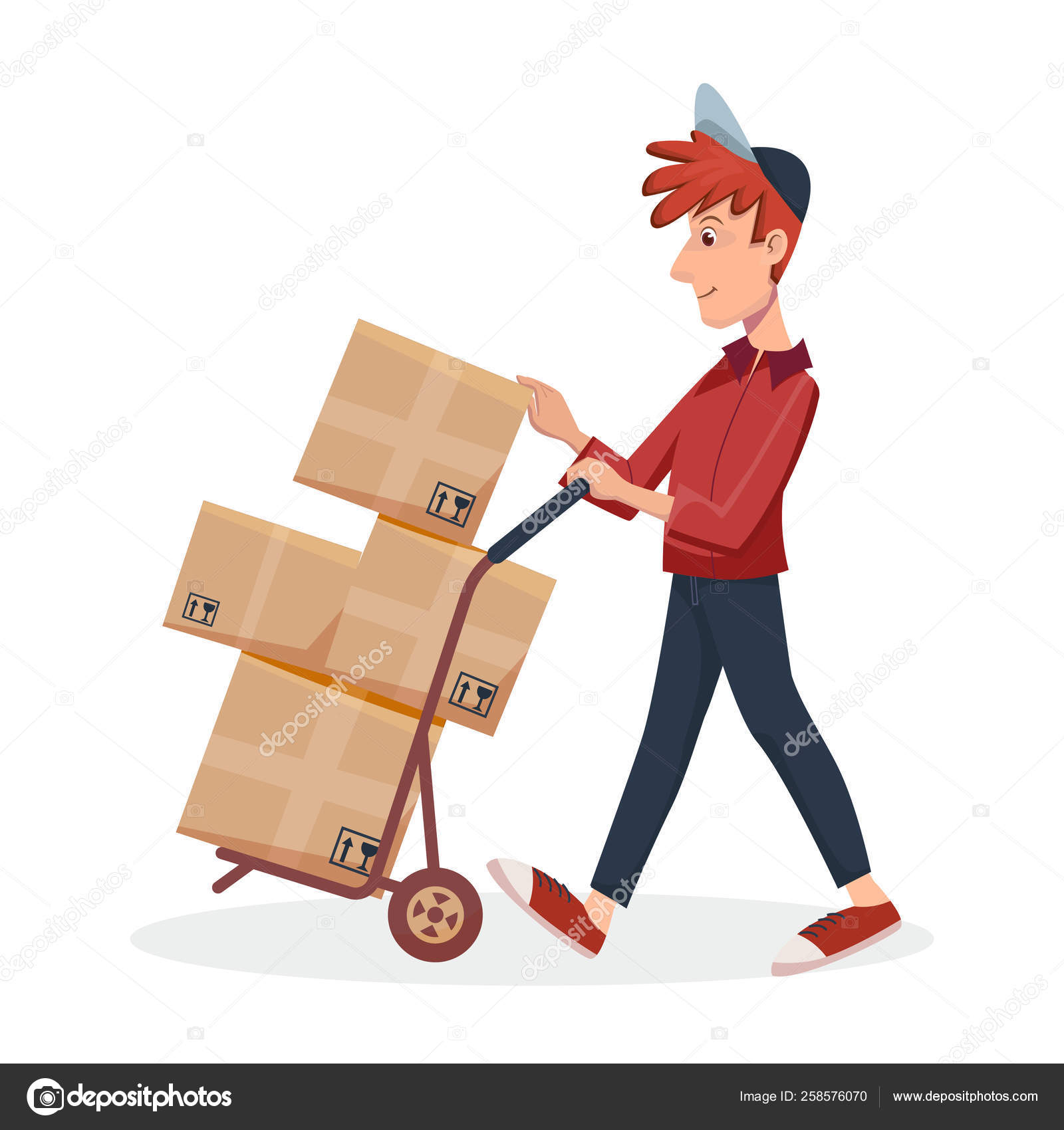 Deliveryman pushing trolley with cardboard boxes. Fast Delivery service by  courier. Vector cartoon character illustration Stock Vector Image by  ©Magicnolia #258576070
