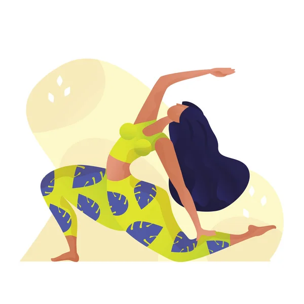 Mujer yogui joven practicando el concepto de yoga, de pie mirando hacia arriba frente a la pose y usando sujetador de ropa deportiva y pantalones. Ilustración vectorial — Archivo Imágenes Vectoriales