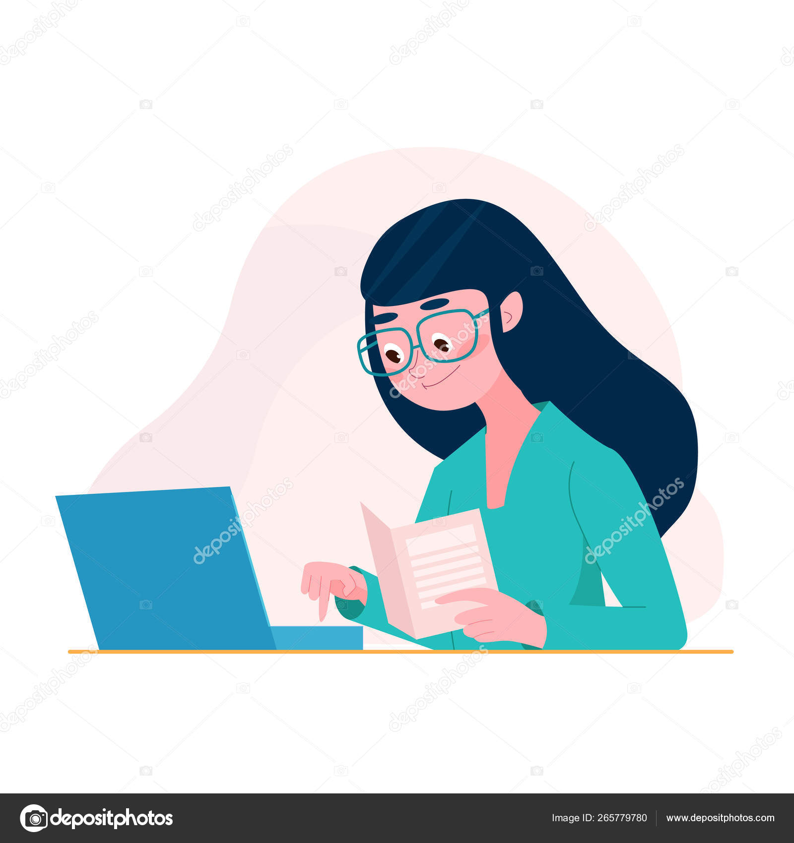 Woman in cartoon flat style sit at the table with document using computer,  laptop. Freelancer woman concept. Female student studying Stock Vector  Image by ©Magicnolia #265779780