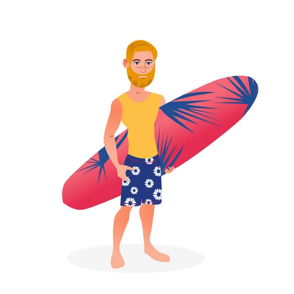 Hombre surfista con tabla de surf en el fondo blanco. Ilustración de personajes de dibujos animados planos vectoriales aislados. Vacaciones de verano, viaje — Vector de stock