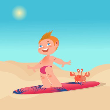 Sahilde sörf tahtası ve yengeç treni ile mutlu sörfçü çocuk. Vektör çizgi film karakteri illüstrasyon. Aile yaz tatili, gezi