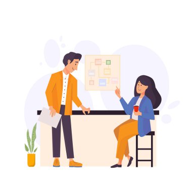 İş adamları takım çalışması. Ofiste konuşan bir kadın ve erkek. Vektör düz çizgi film karakteri illüstrasyon