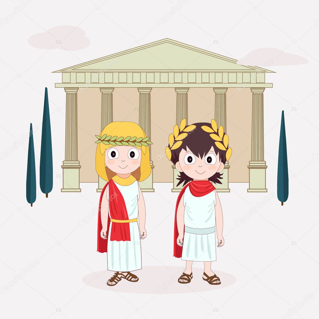 Cartoon character Girl and boy wearing ancient costume. Ancient Rome for children. Vector illustration with Temple and trees on background.