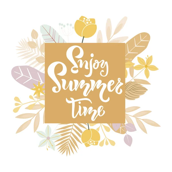 Yaz saati yazı alıntı, çiçek buketi ile metin keyfini çıkarın. Tatil davetiyesi için Sezon TipografiSi Tasarımı, afiş, kart, afiş, pankart ve el ilanı