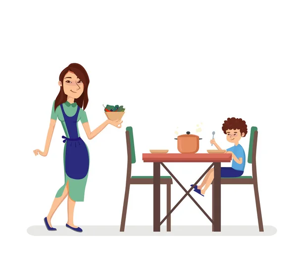 Vrouw met bord met eten. Jongen zit aan de eettafel in de keuken. Geïsoleerde Cartoon stijl vector illustratie — Stockvector