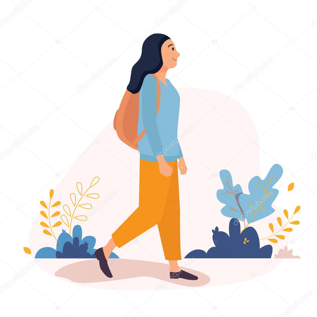 Happy Young Woman walking outside around the city with backpack. Vector character illustration in a flat style on a white background