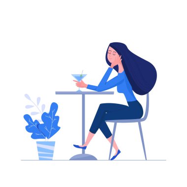 Kafedeki masada oturan ve elinde martini bardağı tutan bir kadın. Düz stil ile kadın karakter çiziminin tadını çıkarıyorum.