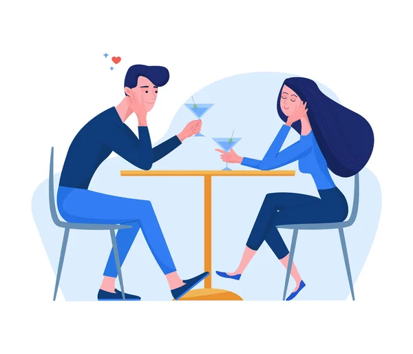 Personnages homme et femme dans le style plat assis dans le café boissons cocktail. Couple amoureux tenant verre de martini. Illustration vectorielle à l'intérieur d'un café — Image vectorielle