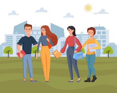 Bir grup genç öğrenci şehir parkında çanta ve kitap tutuyor. Bina şekilleri, ağaçlar ve bulutlar ile arka planda Şehir manzara